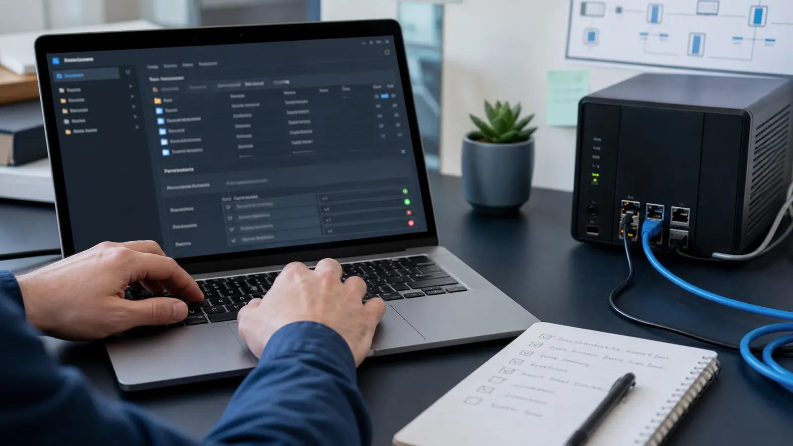 Technicien configurant un accès de transfert de fichiers sécurisé sur un serveur NAS