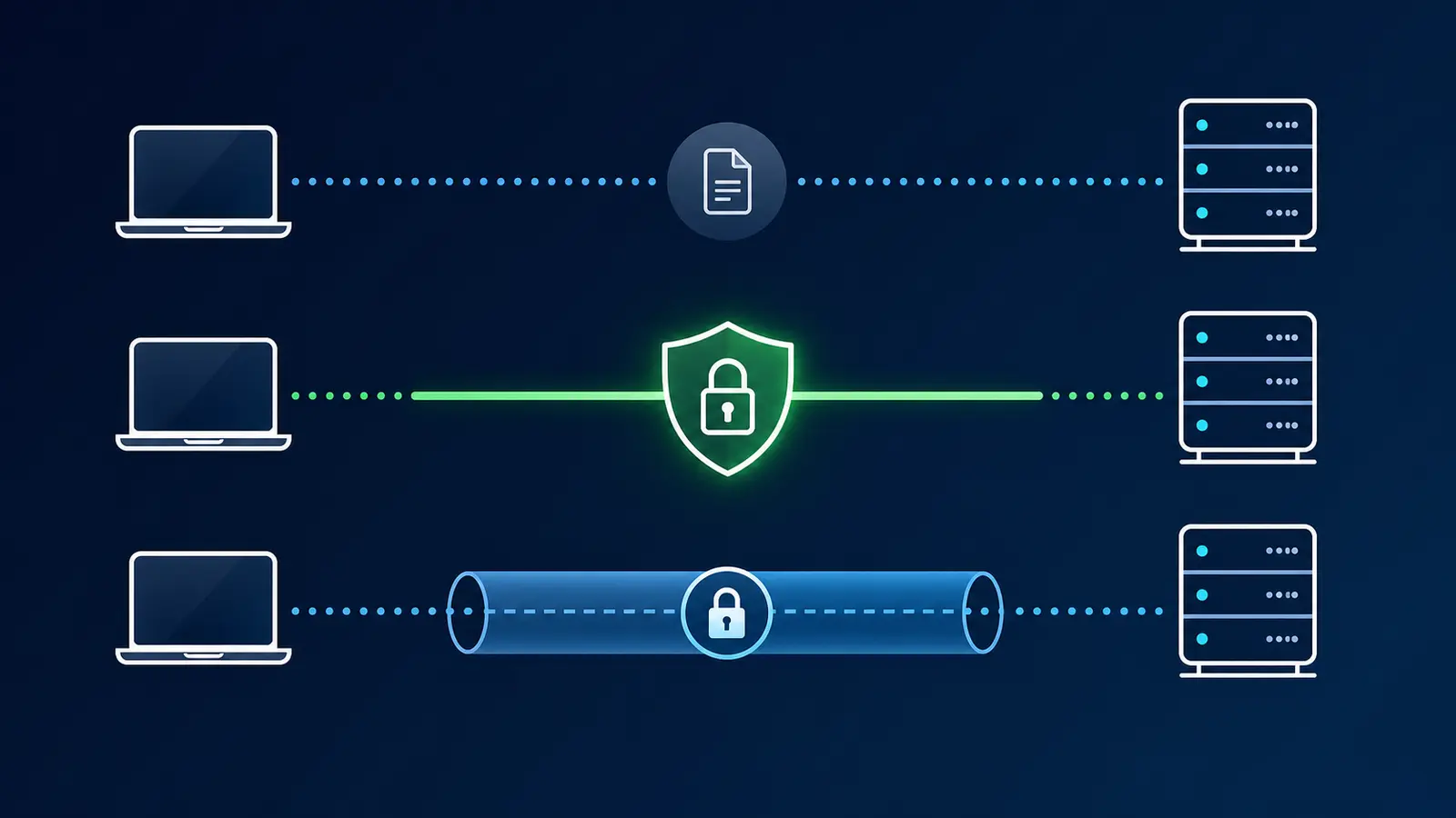 Schéma comparant trois chemins de transfert de fichiers avec niveau de protection différent