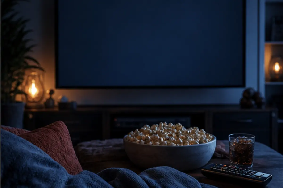Salon sombre préparé pour un marathon de films avec écran vide et popcorn
