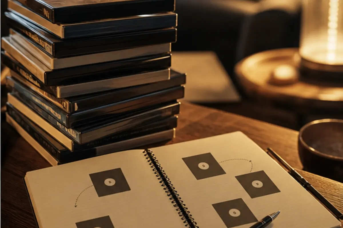 Pile de films génériques et carnet de notes pour organiser un marathon cinéma