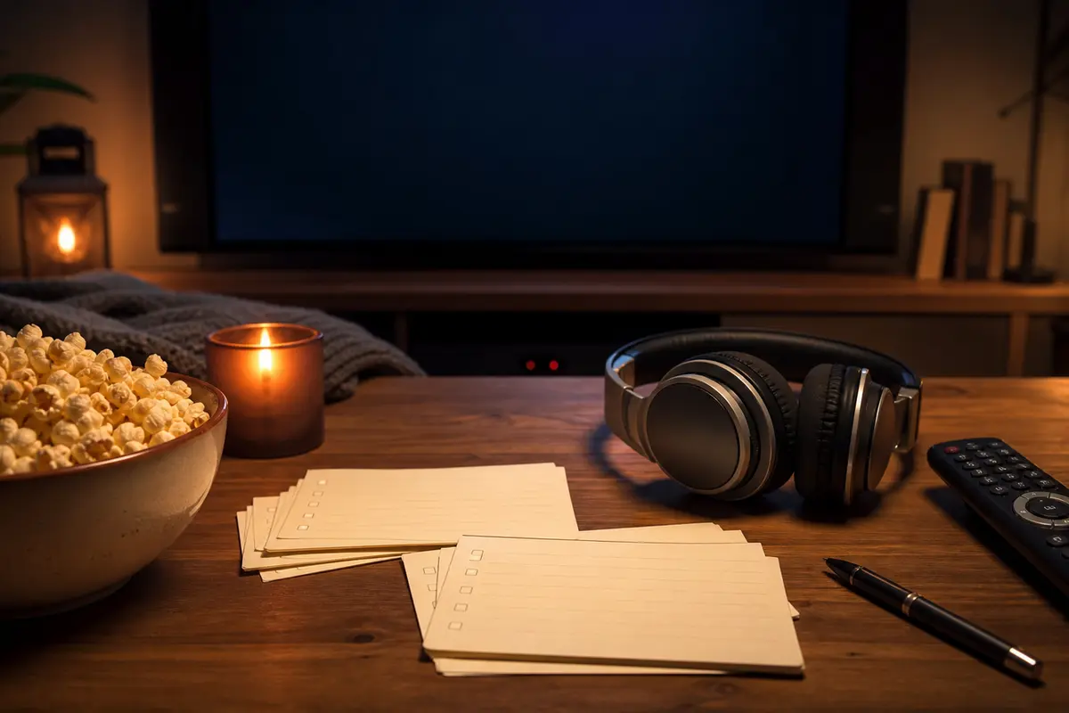 Préparation de soirée cinéma sans spoilers avec fiches vierges, casque et popcorn