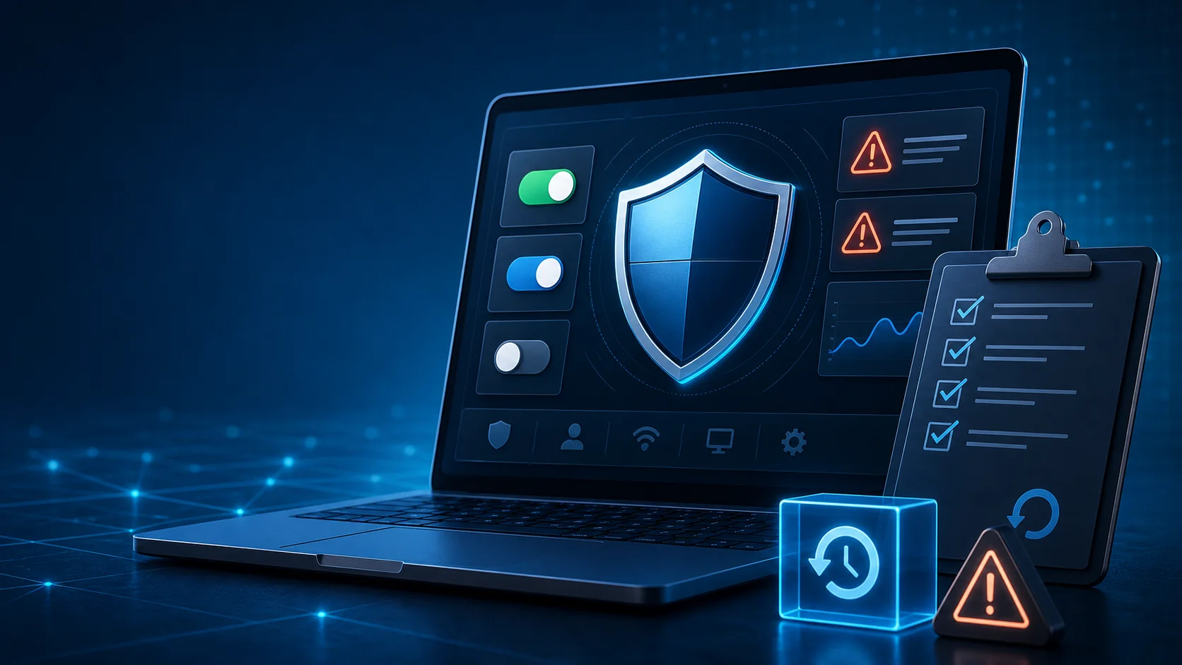 Interface de sécurité abstraite avec bouclier et plan de retour arrière avant de modifier Microsoft Defender