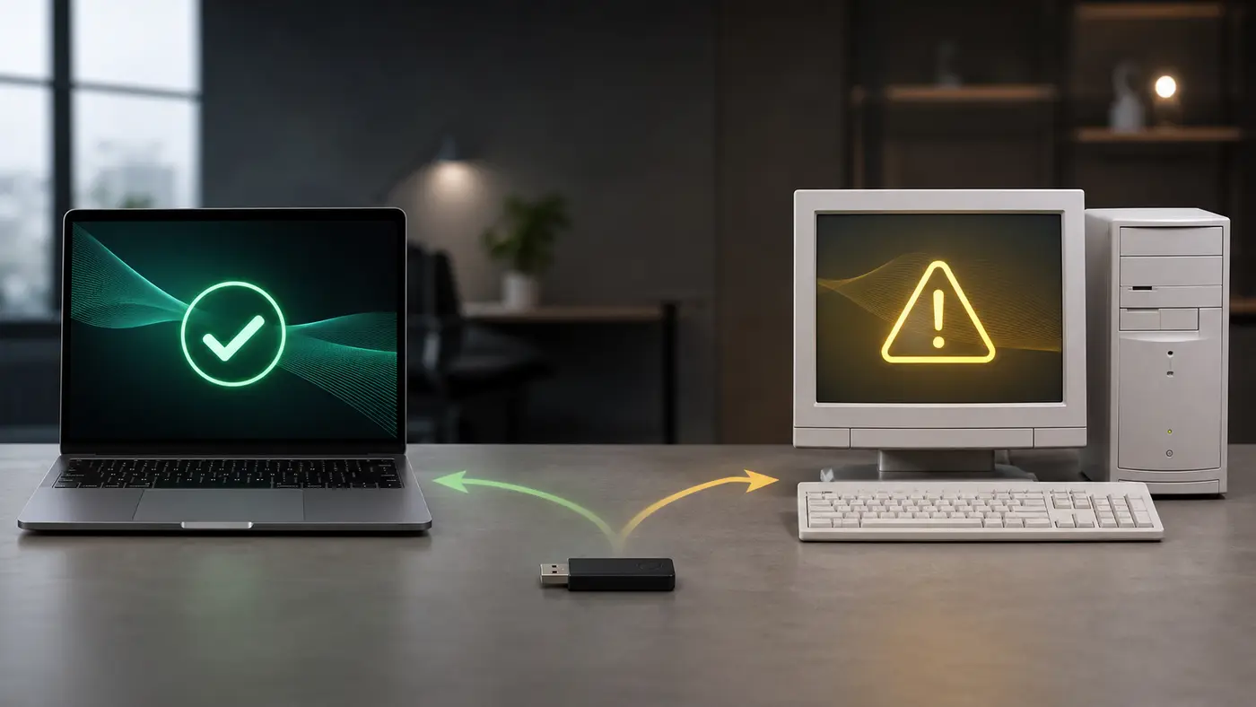 Deux ordinateurs représentant le choix entre une migration Windows 11 supportée et une migration non supportée