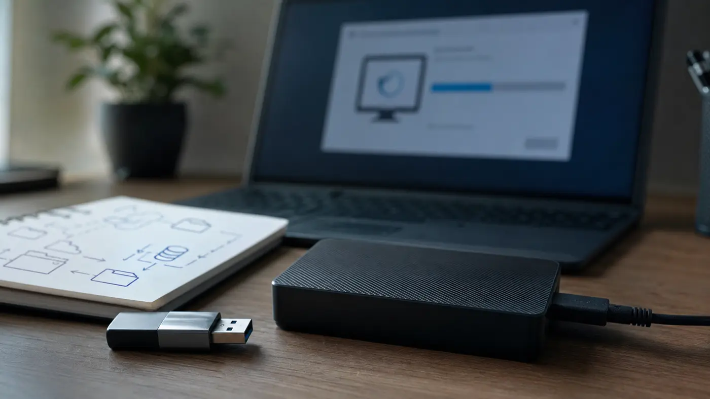 Disque externe et clé USB préparés pour sauvegarder un ordinateur avant une migration système