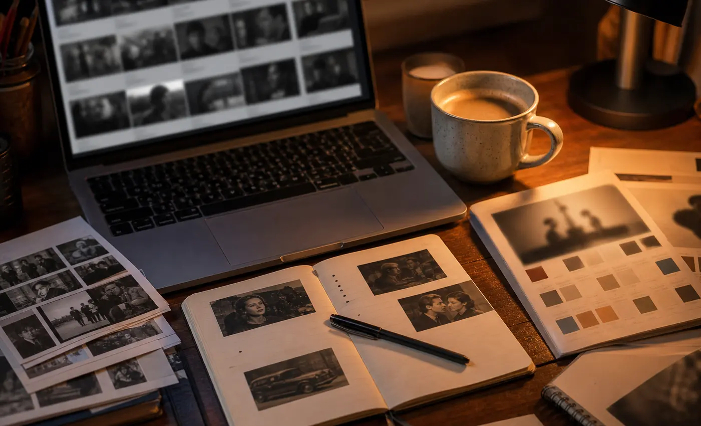 Carnet et ordinateur pour organiser une sélection de films français