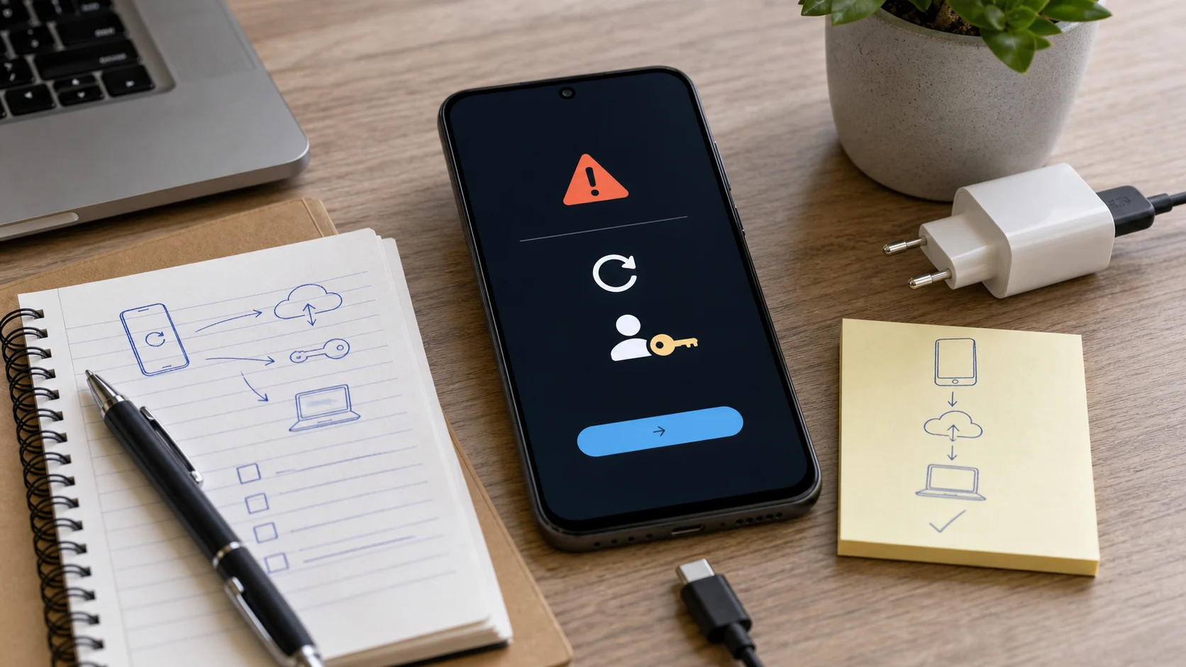 Téléphone Android avec écran de réinitialisation et notes de récupération