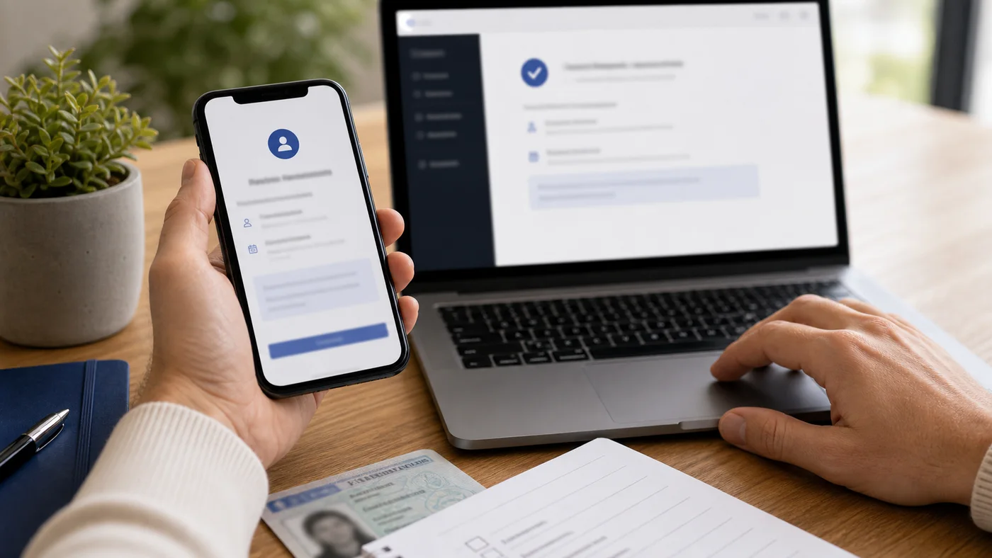 verification de changement de nom avec smartphone ordinateur et document d identite masque