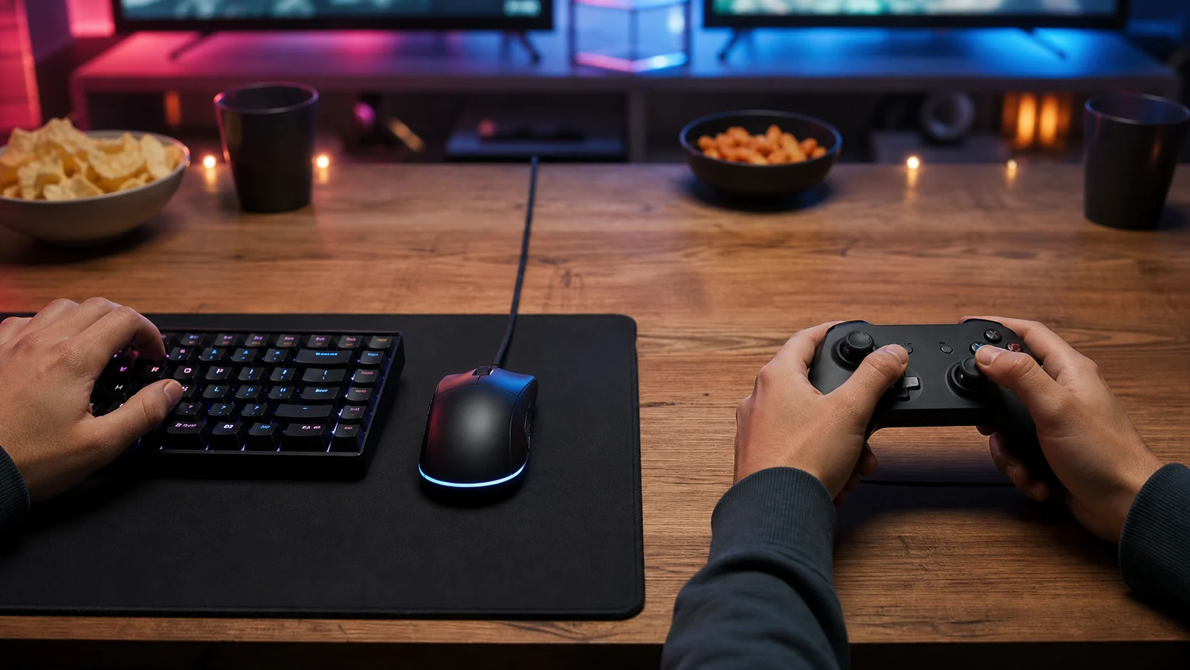 Clavier souris et manette posés côte à côte pour comparer les conditions de jeu cross-play