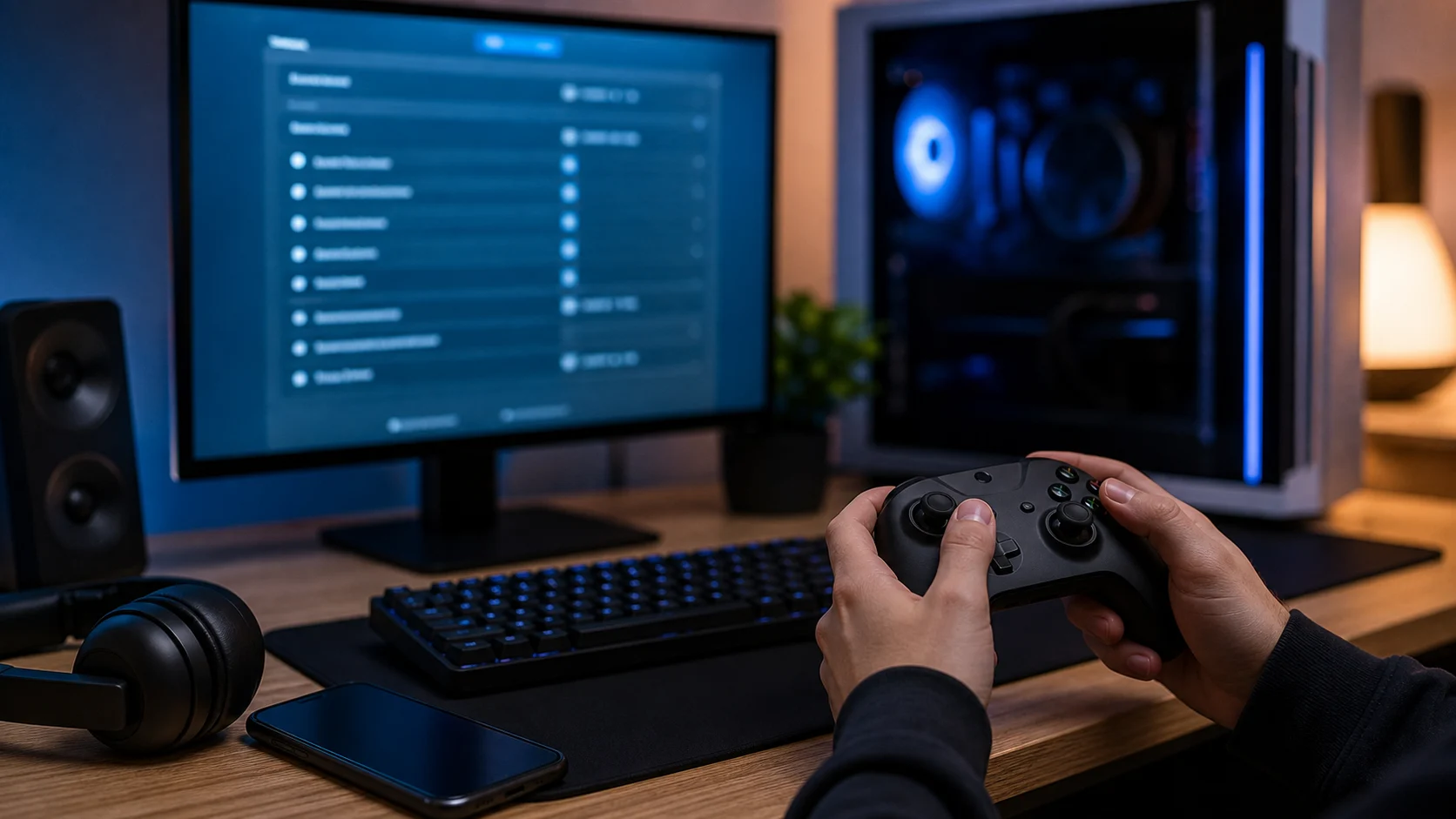 Réglages multijoueur affichés sur un écran PC avec une manette au premier plan
