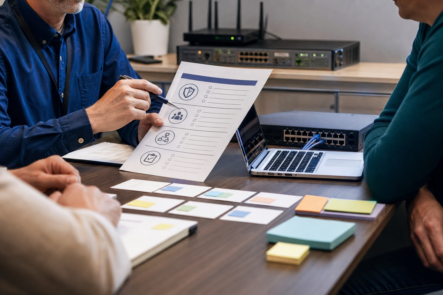 Équipe informatique validant un périmètre de scan réseau avant audit interne