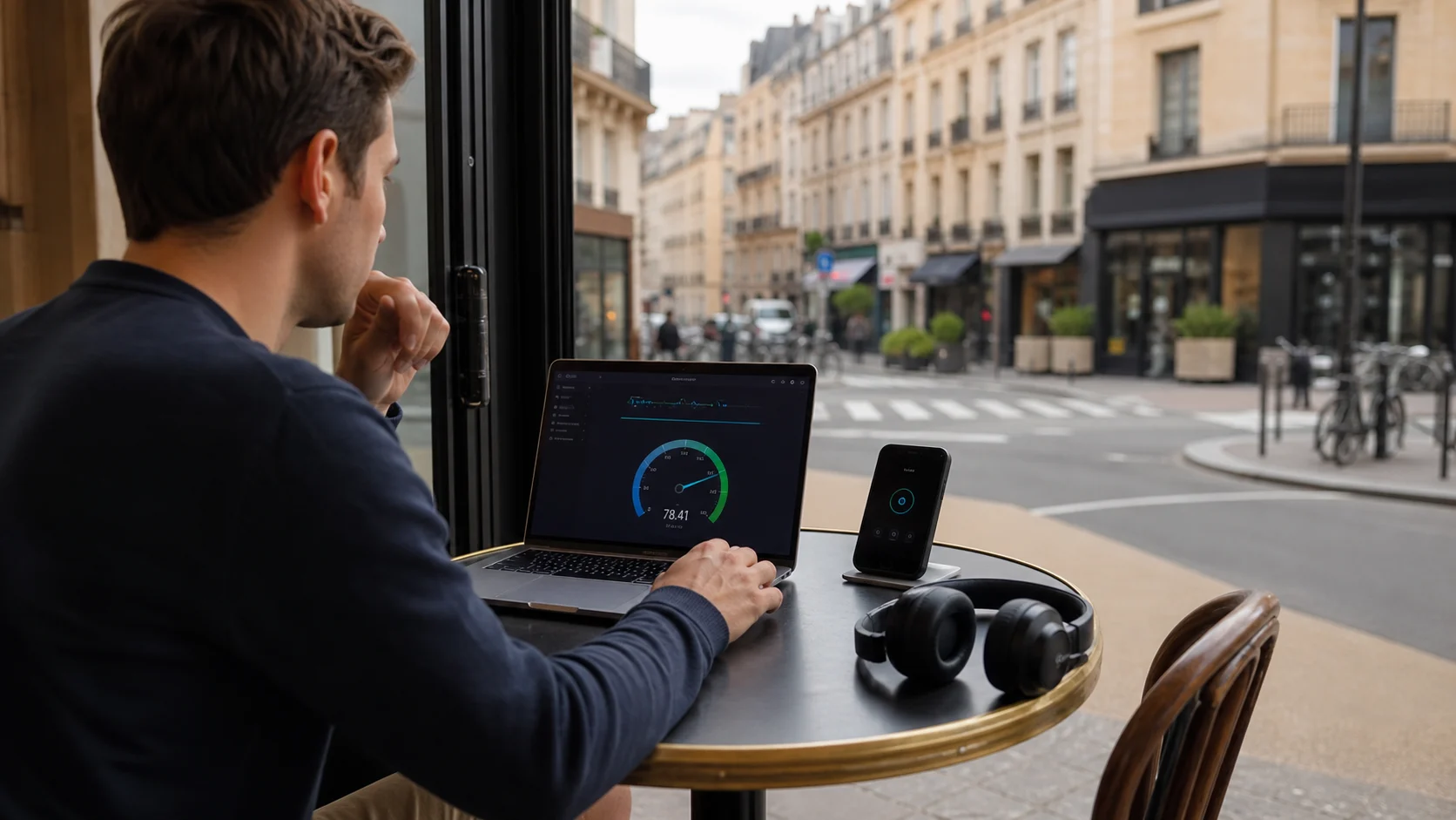 Ordinateur et smartphone utilisés en partage de connexion dans un café