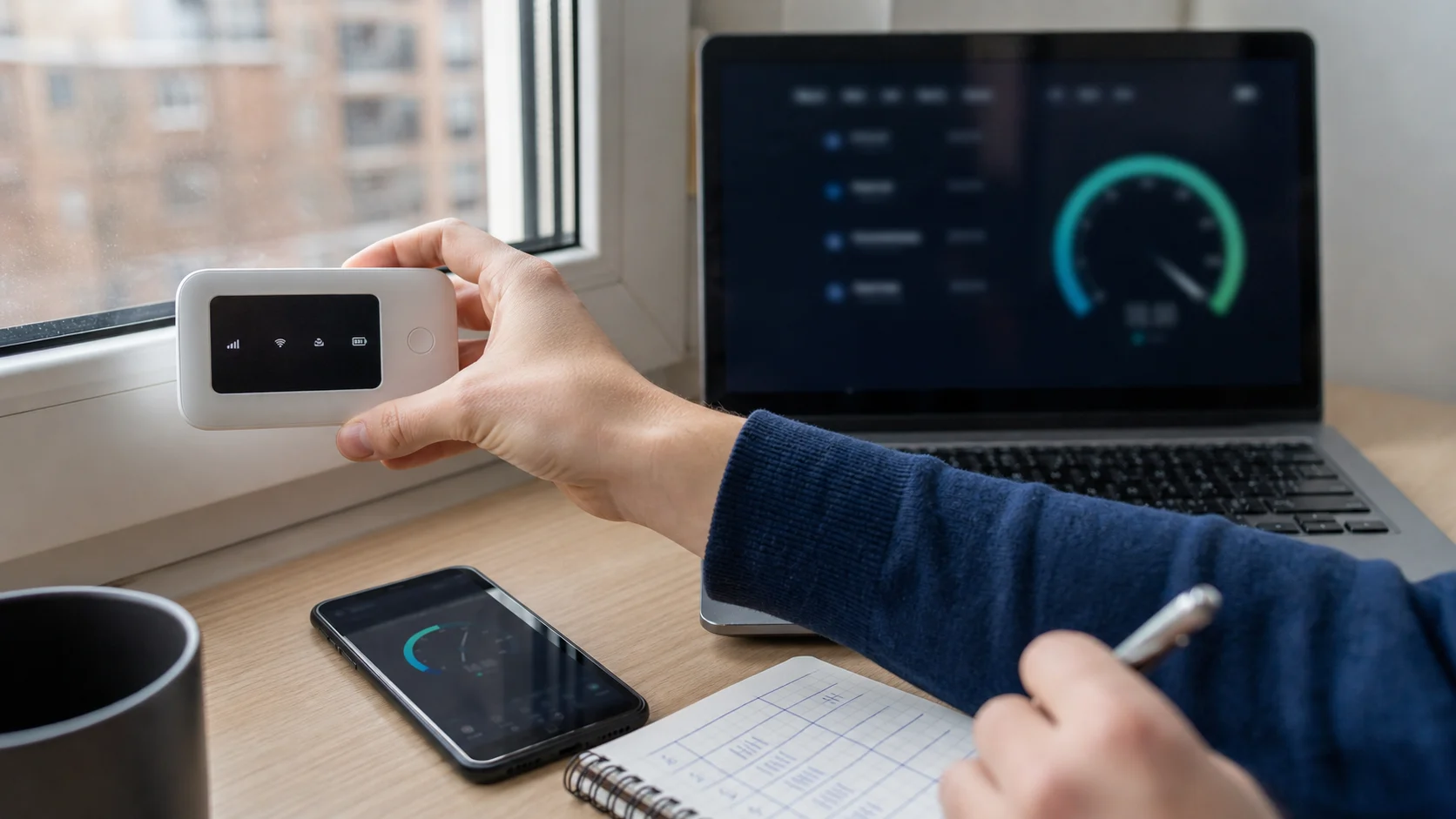 Test d’un routeur mobile près d’une fenêtre avec ordinateur portable