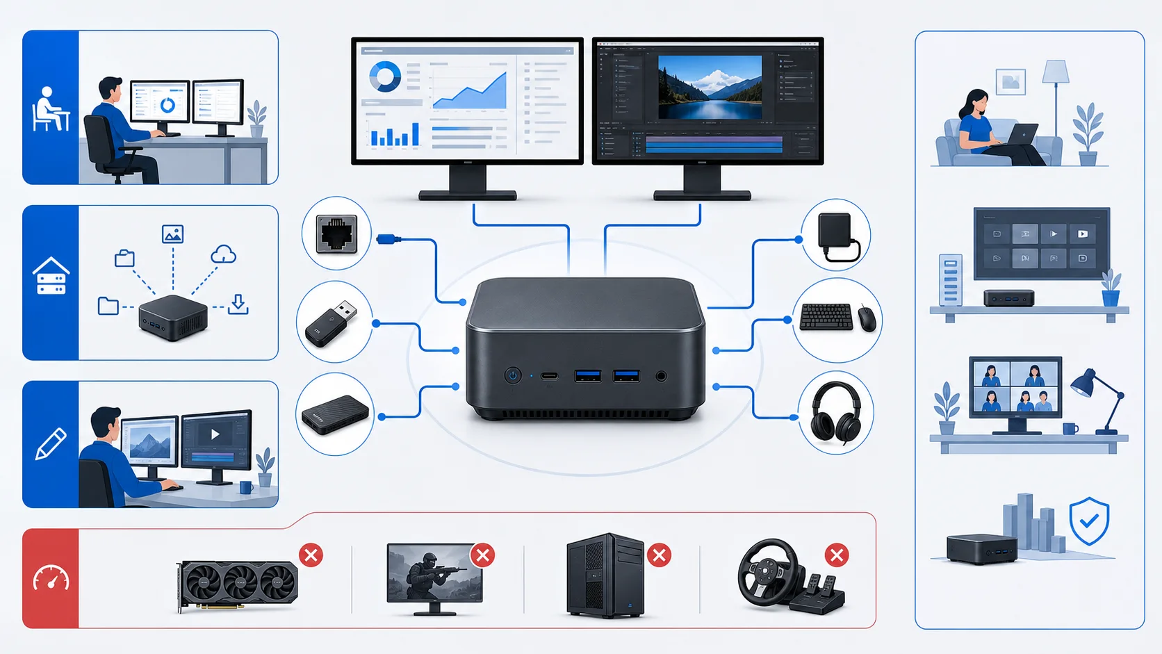 schéma de connectique pour mini PC avec double écran, Ethernet, USB et stockage externe