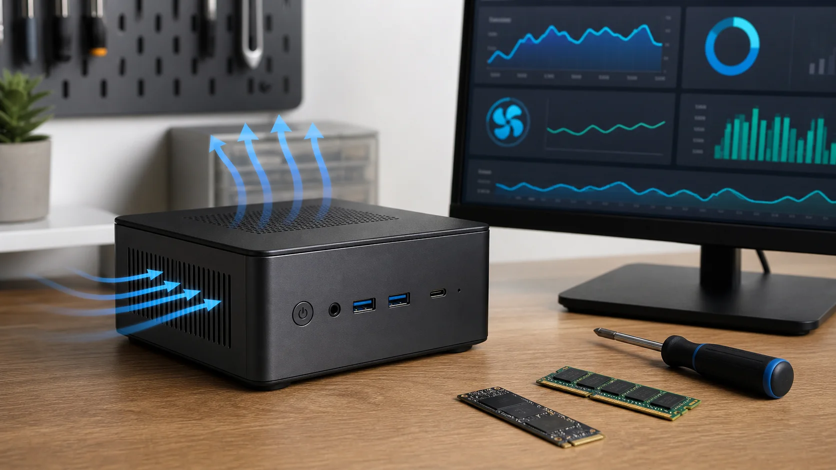 mini PC compact avec flux d’air et tableau de surveillance de température