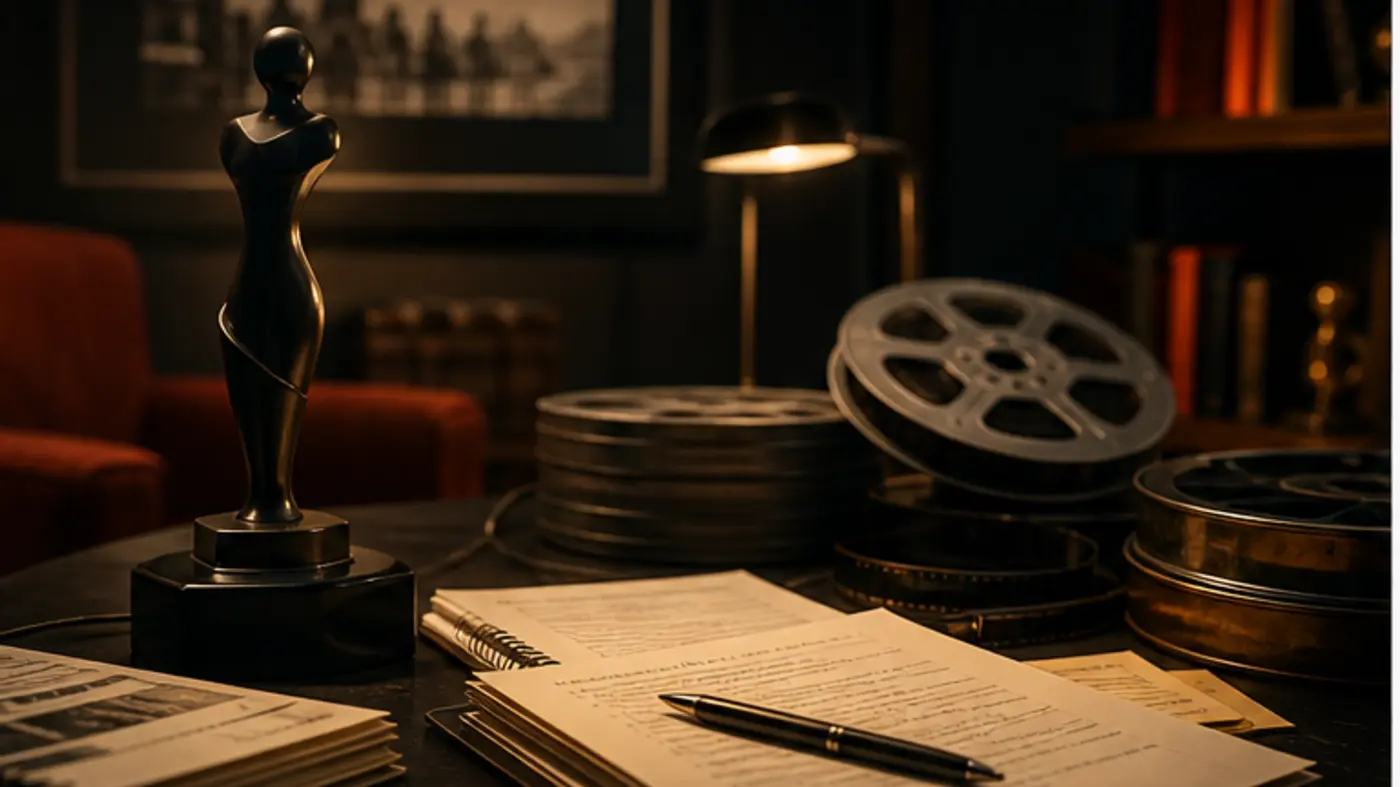 Bureau de cinéphile avec bobines de film et statuette abstraite sans logo officiel