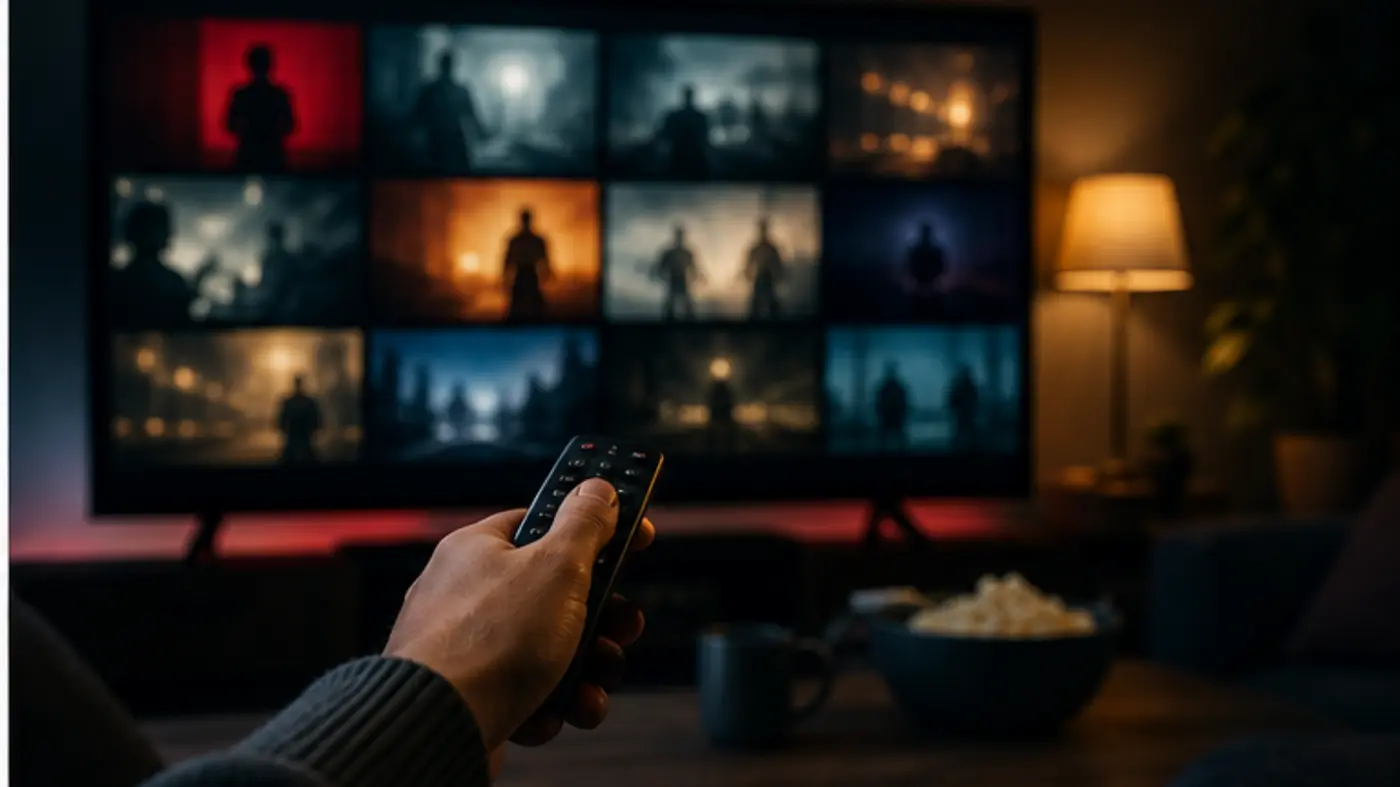 Salon sombre avec écran affichant des vignettes de films abstraites sans logo de plateforme