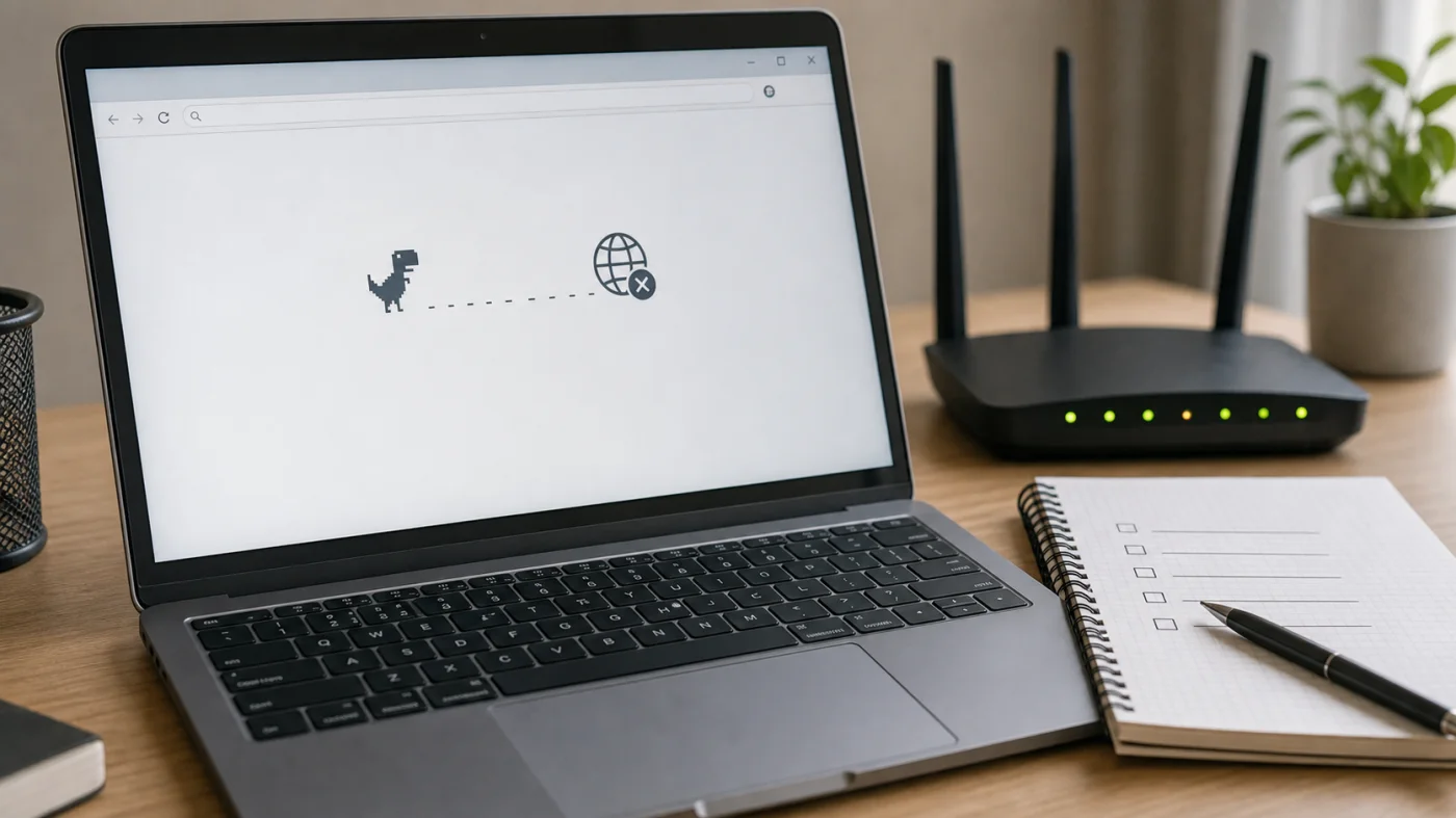 Ordinateur avec navigateur en erreur et routeur pendant un diagnostic DNS