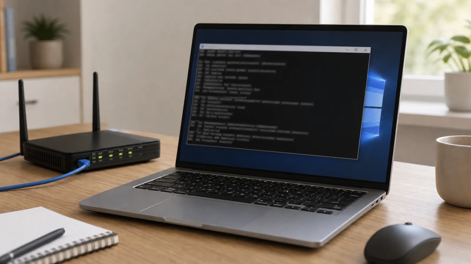 Ordinateur Windows avec fenêtre de terminal et routeur sur un bureau