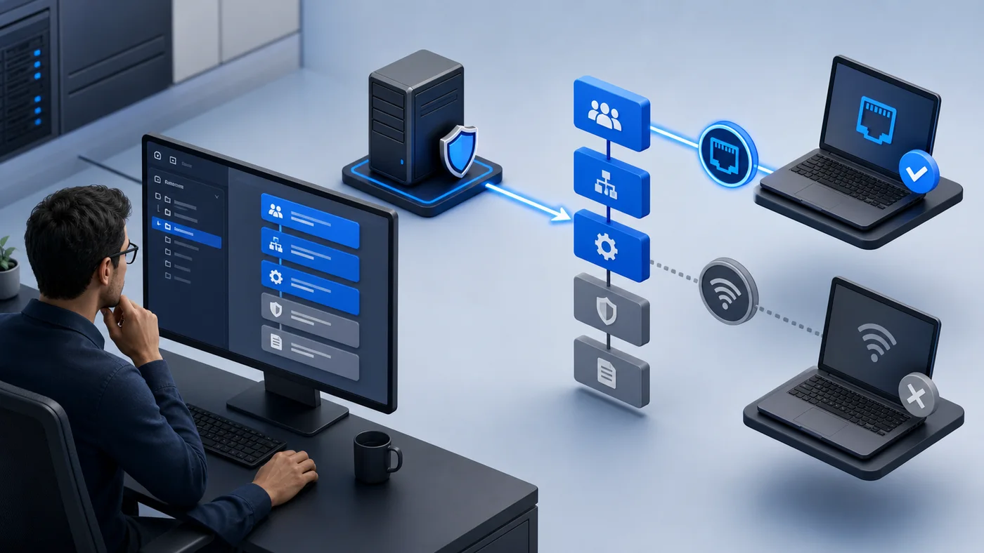 Administrateur configurant une stratégie de groupe pour gérer les connexions réseau