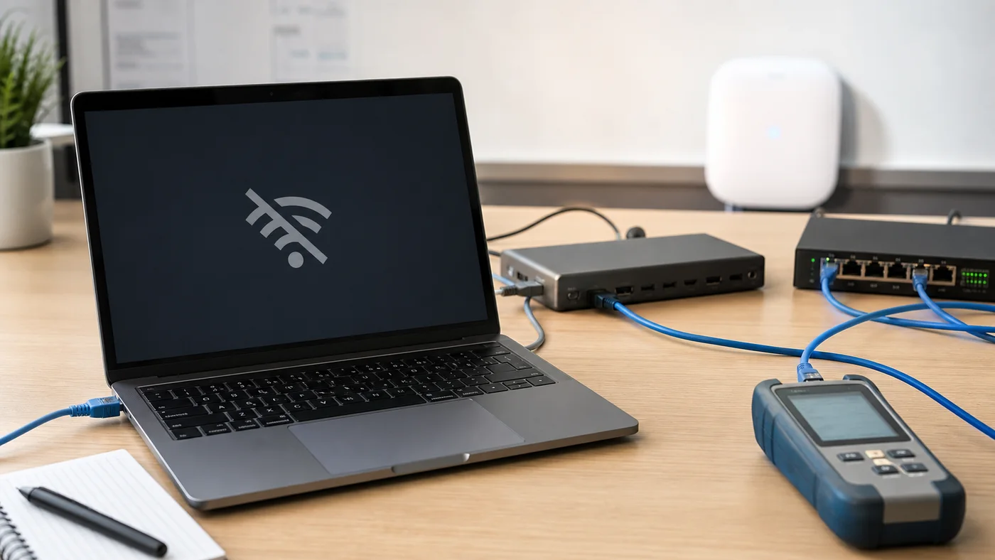 Banc de test réseau avec ordinateur portable connecté en Ethernet et Wi Fi désactivé