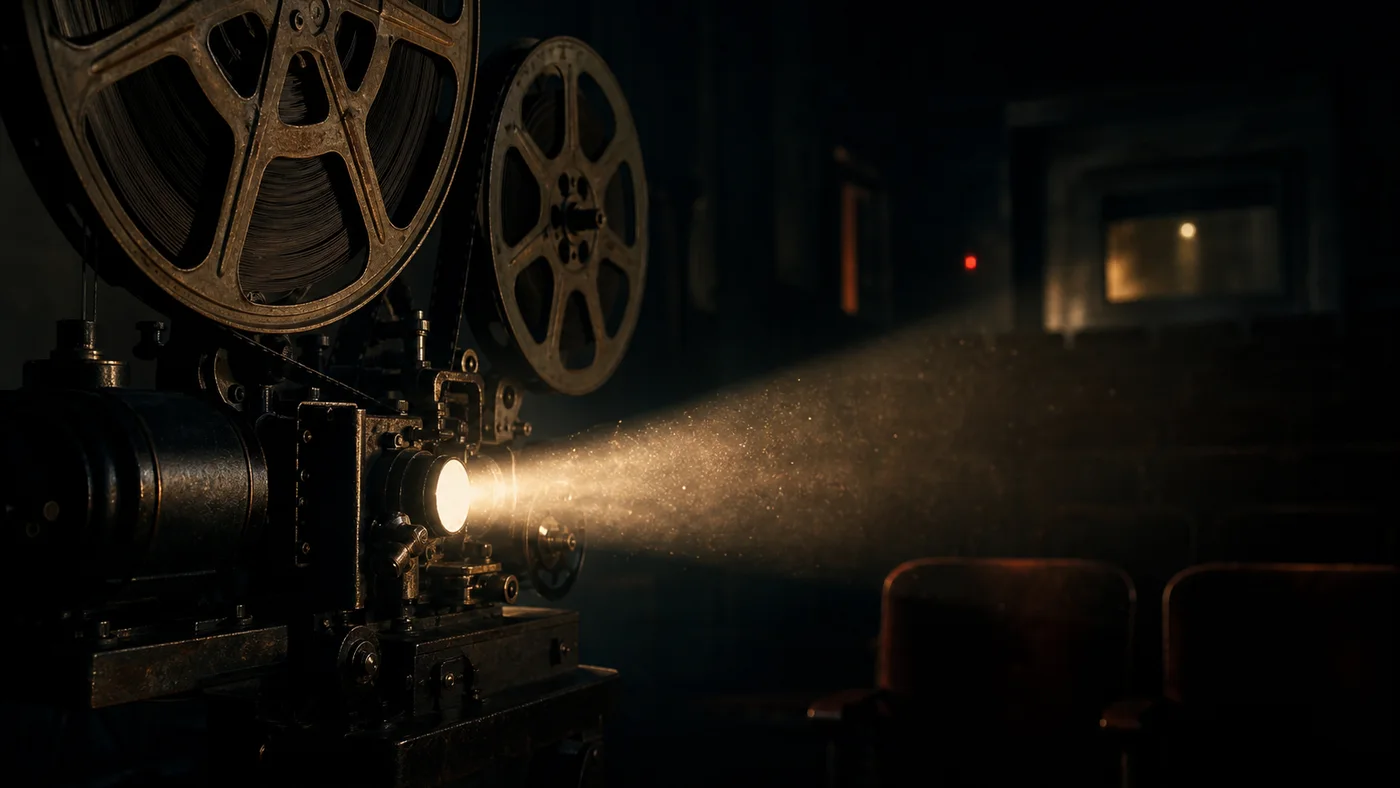 Projecteur ancien diffusant un faisceau lumineux dans une salle obscure