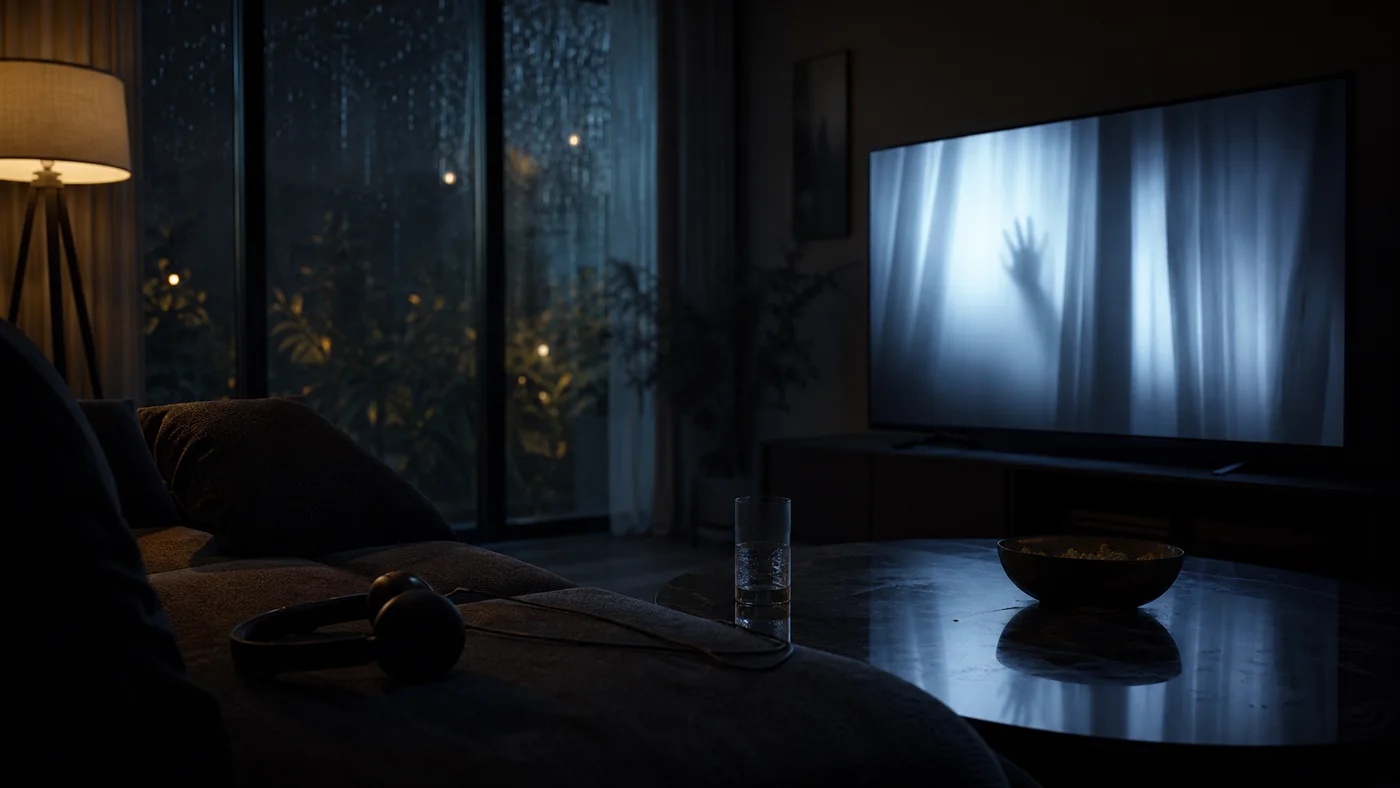 Salon sombre avec écran lumineux, casque audio et pluie à la fenêtre