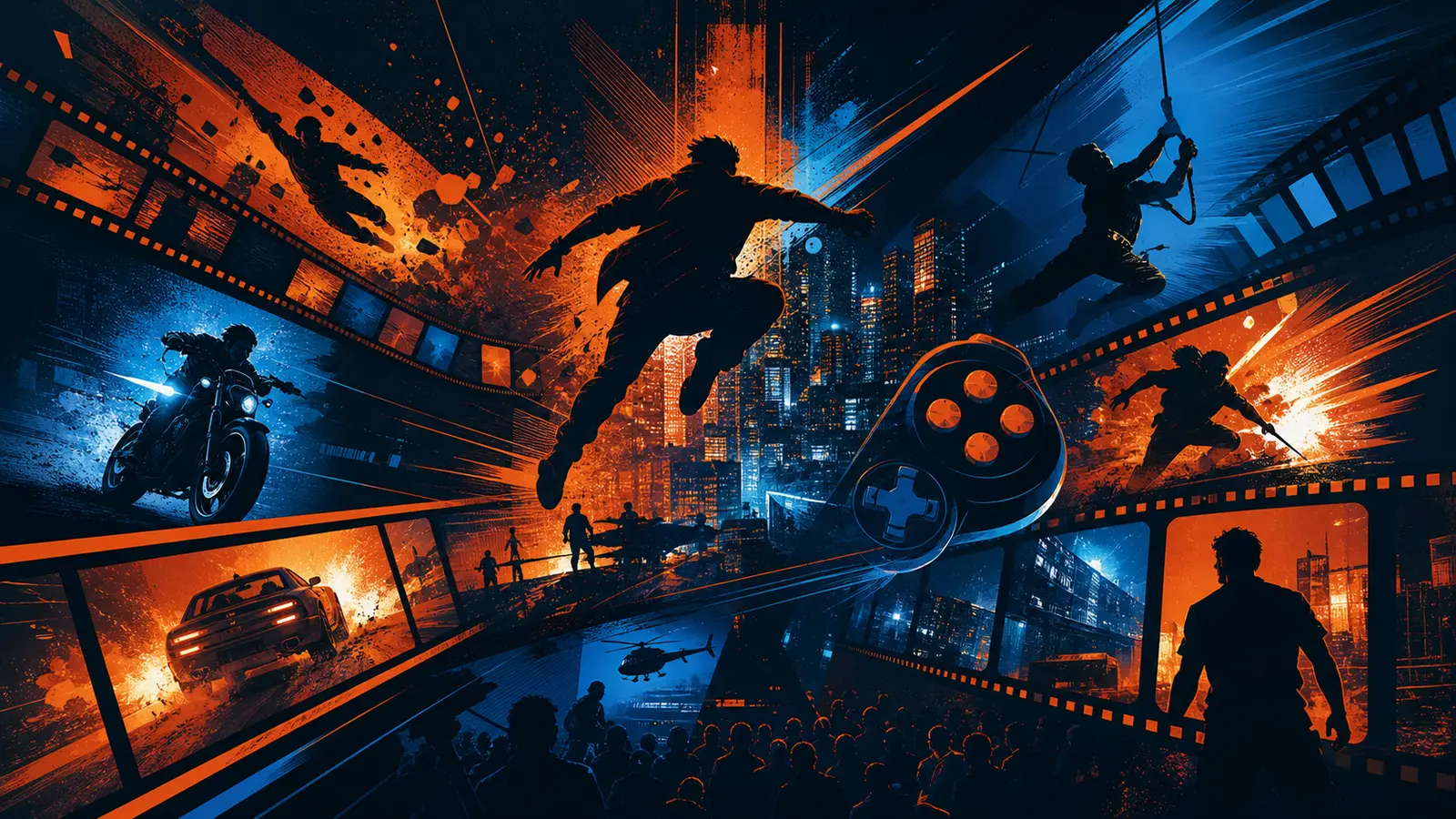 collage abstrait de culture geek et de cinéma d’action