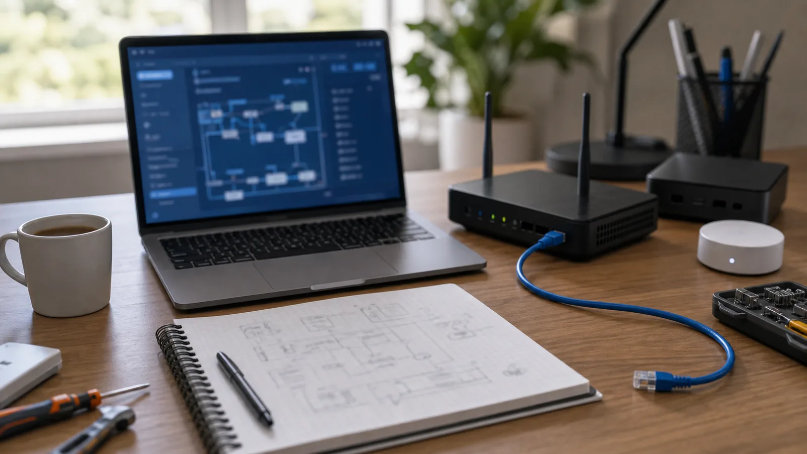 Bureau de dépannage réseau avec ordinateur portable, routeur et câble Ethernet