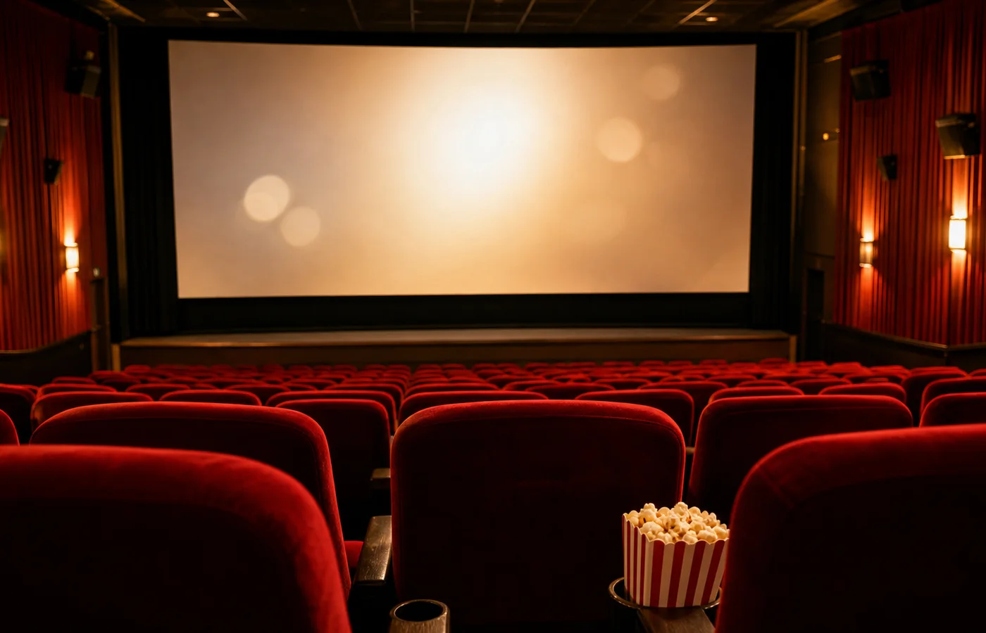 salle de cinema vide avec ecran lumineux et popcorn