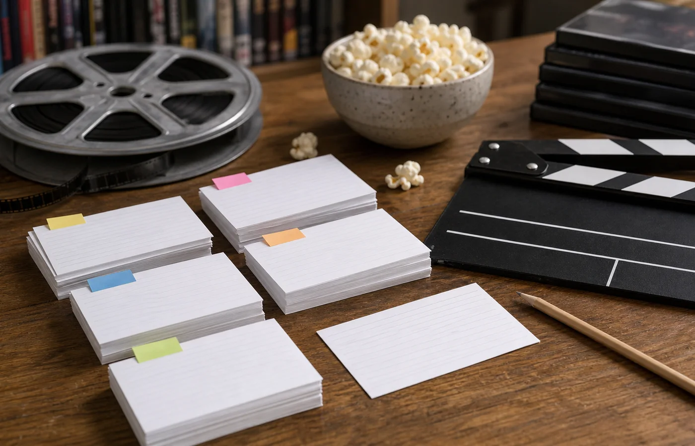 cartes de selection de films comiques avec bobine et popcorn