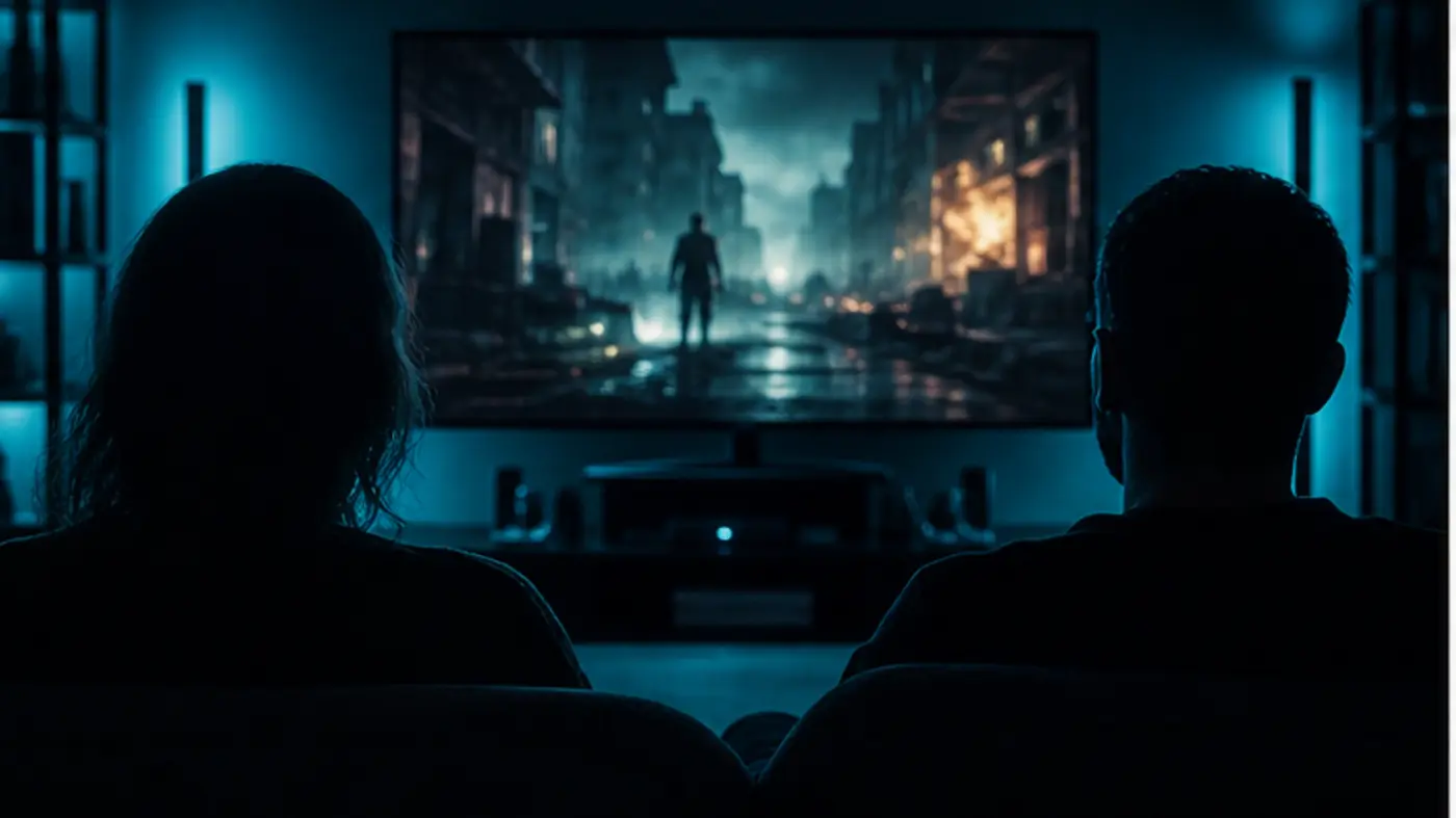 Deux spectateurs regardant un film d action horreur générique dans une pièce bleutée