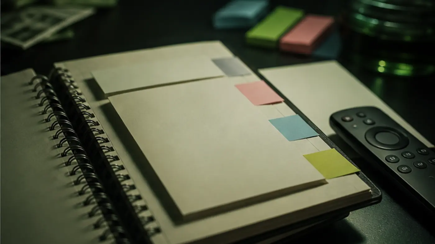 Carnet avec onglets de couleur et télécommande pour organiser un ordre de visionnage