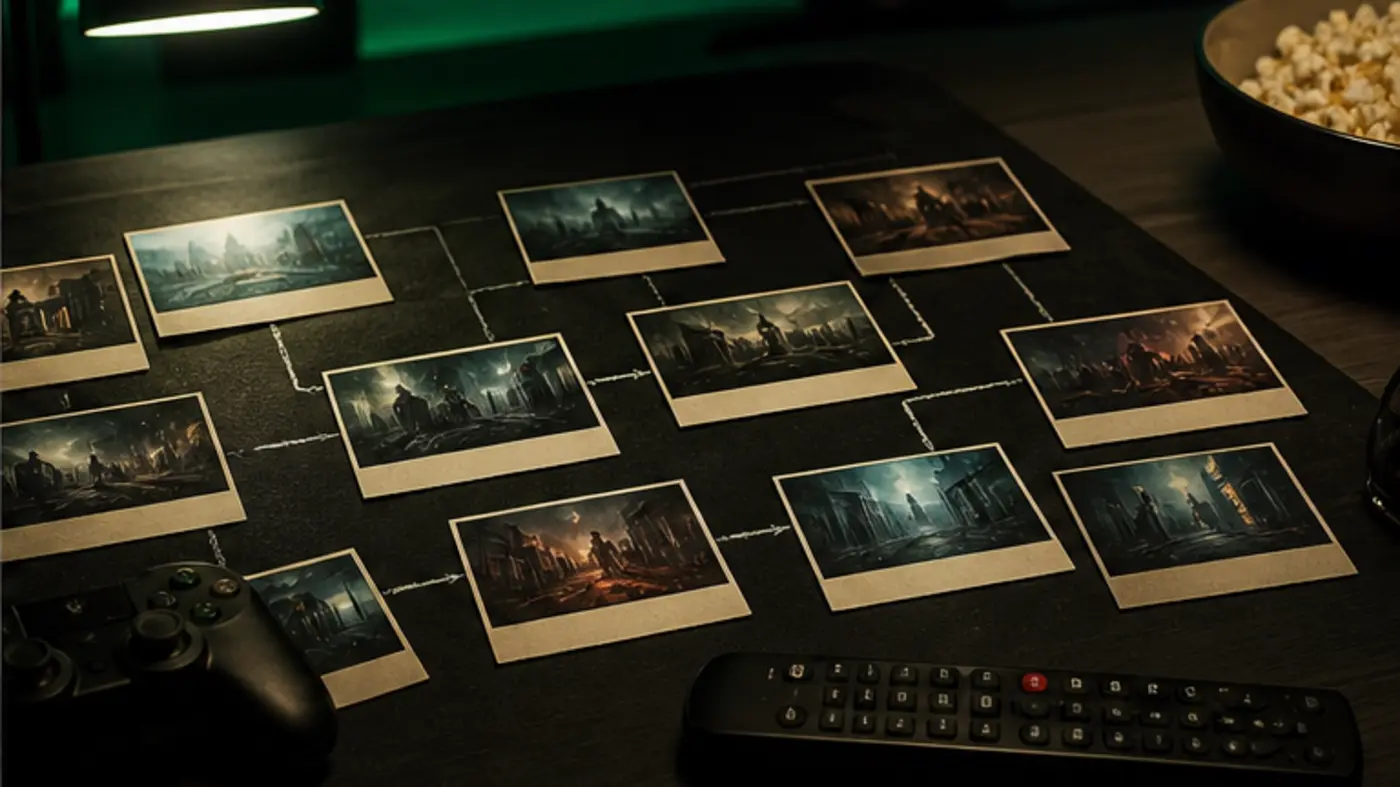 Cartes de films génériques disposées en chronologie sur une table sombre