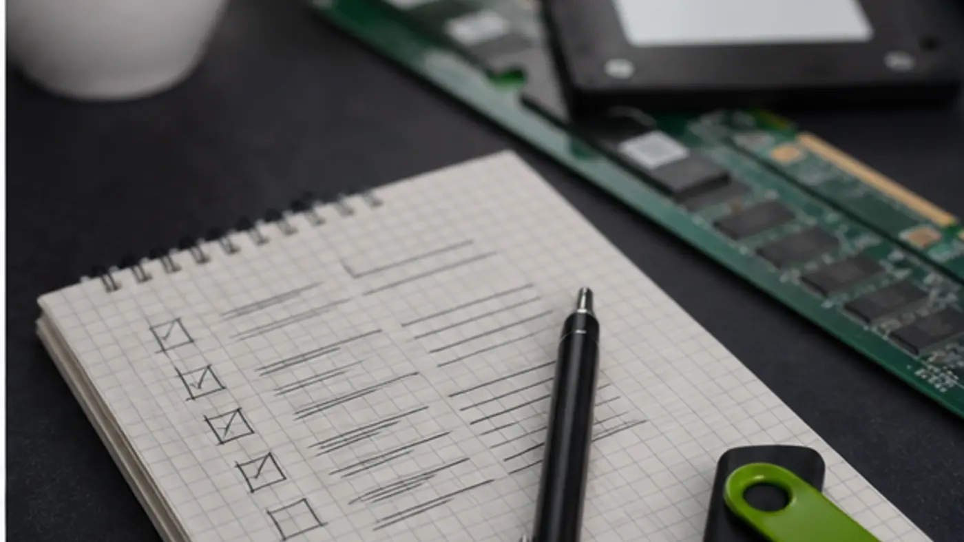 Clé USB ordinateur portable et carnet de checklist technique sans texte lisible