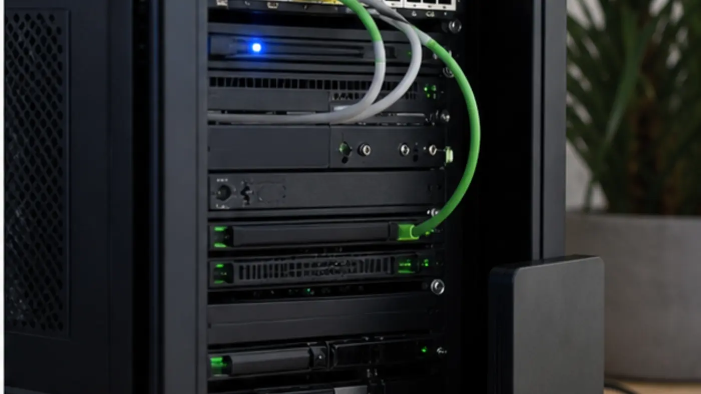 Mini serveur et disque de sauvegarde sur un bureau technique