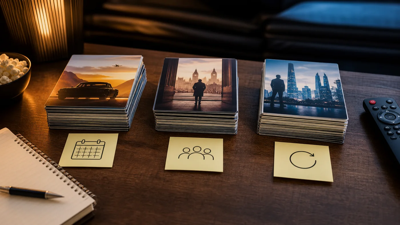 Trois piles de cartes représentant plusieurs ordres de visionnage pour une saga de films