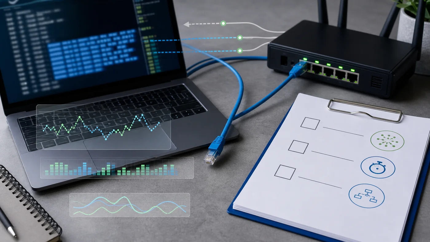 poste de diagnostic réseau avec routeur, terminal flouté et checklist de latence