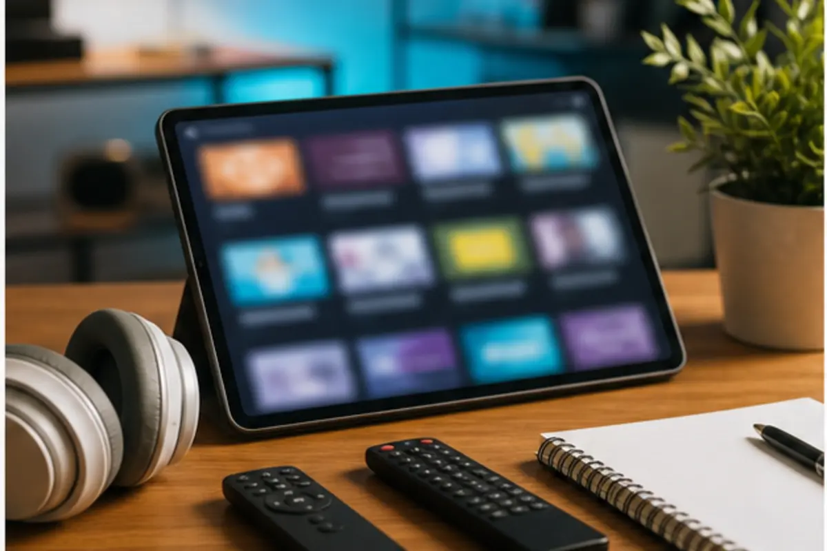 tablette avec catalogue vidéo flouté et accessoires de salon