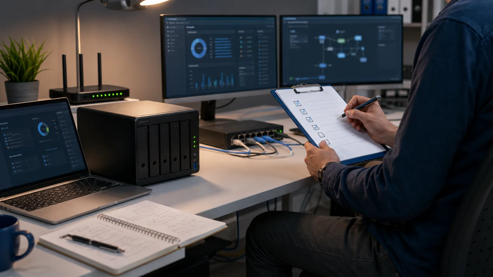 Administrateur vérifiant une configuration de partage SMB sur un NAS