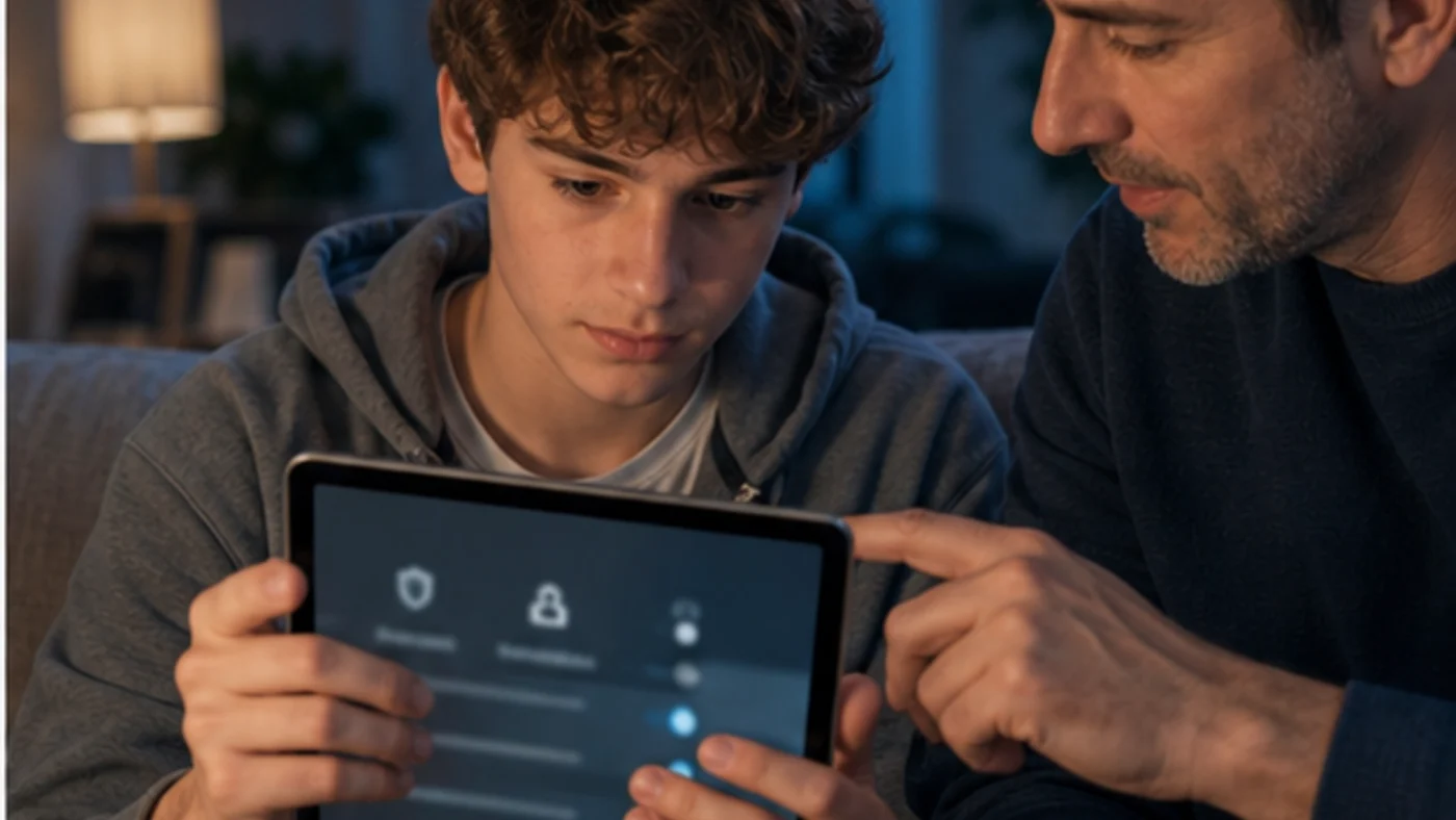 Parent et adolescent vérifiant des réglages de sécurité sur une tablette