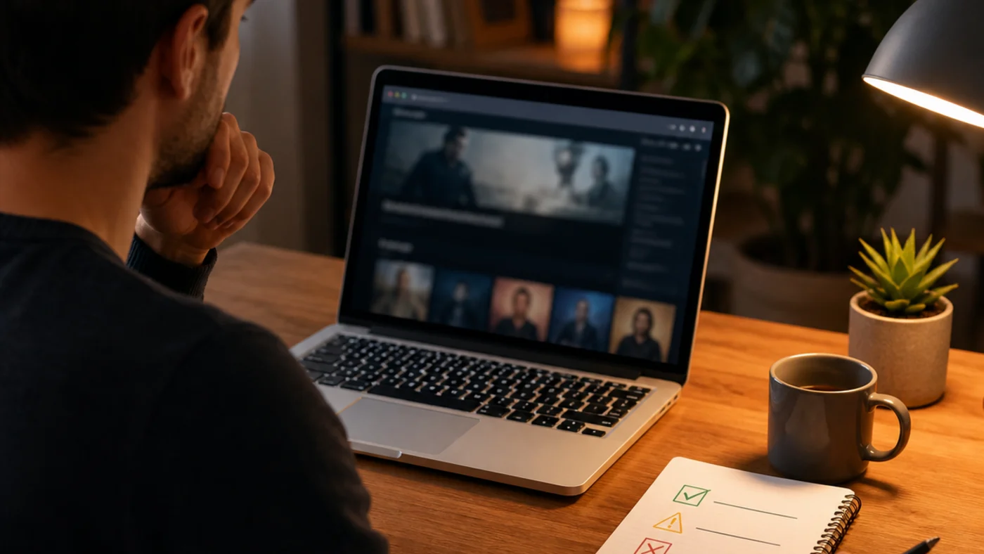Utilisateur vérifiant calmement les signaux de légalité d une plateforme vidéo en ligne