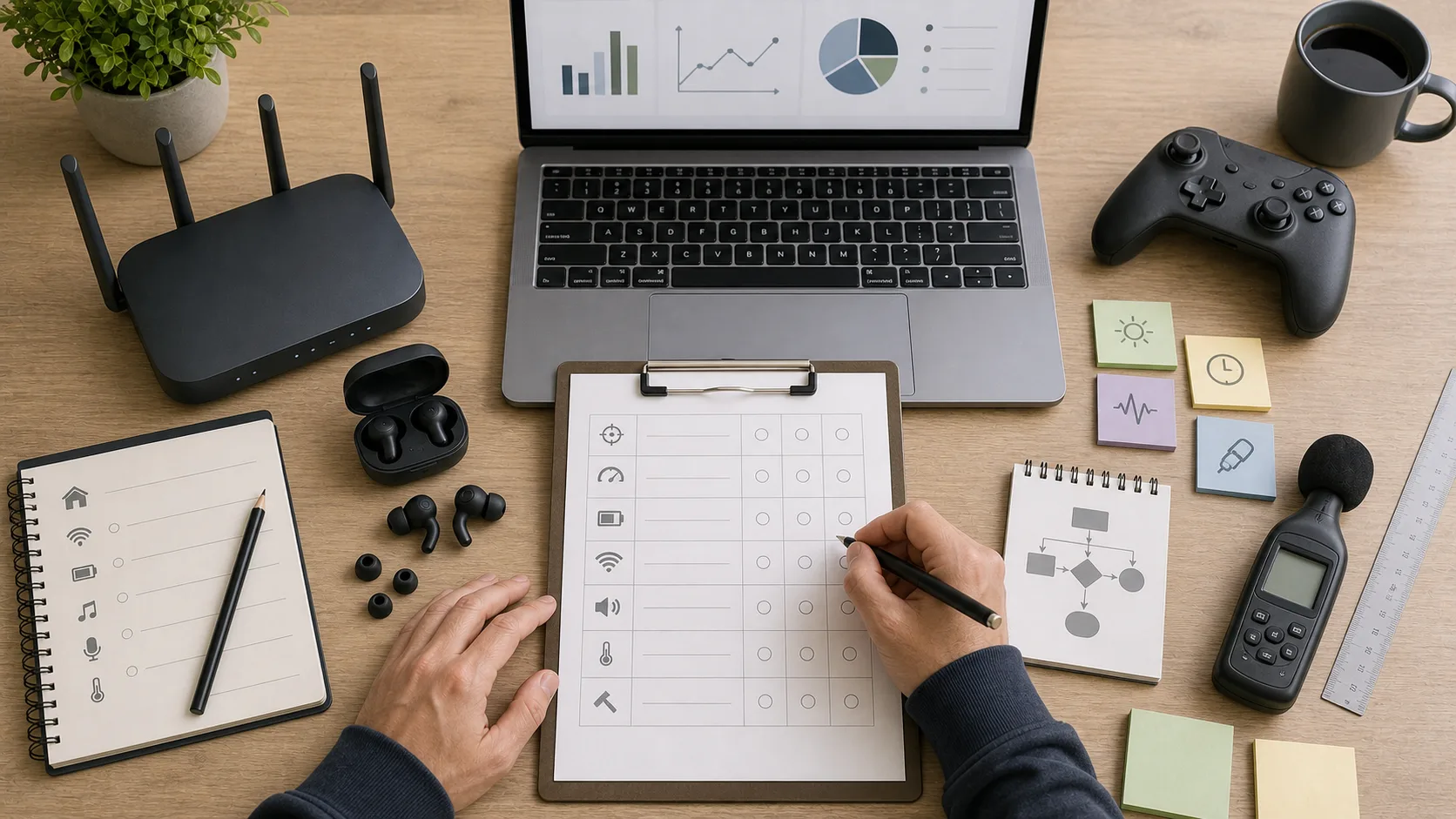 Protocole de test produit tech avec accessoires génériques et notes de comparaison