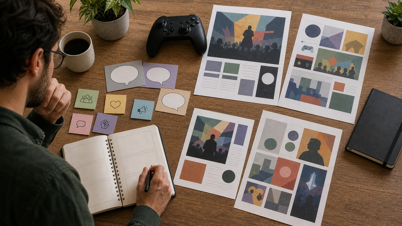 Analyse culturelle d’un jeu vidéo avec manette générique et cartes de réception abstraites