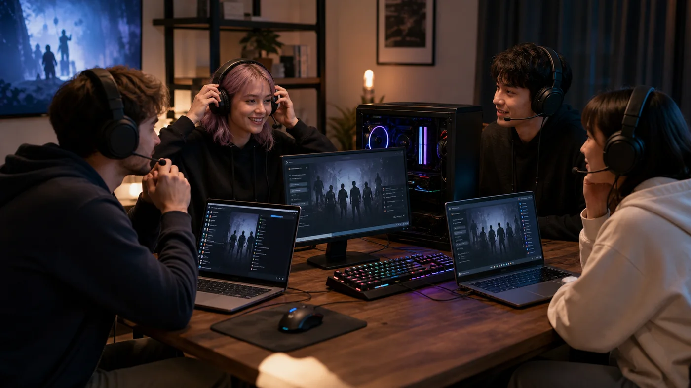 groupe de joueurs pc avec casques avant une session cooperative