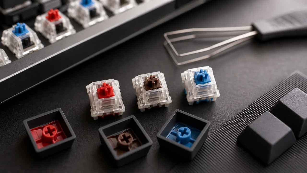 Switches de clavier mécanique, keycaps et extracteur posés sur un bureau