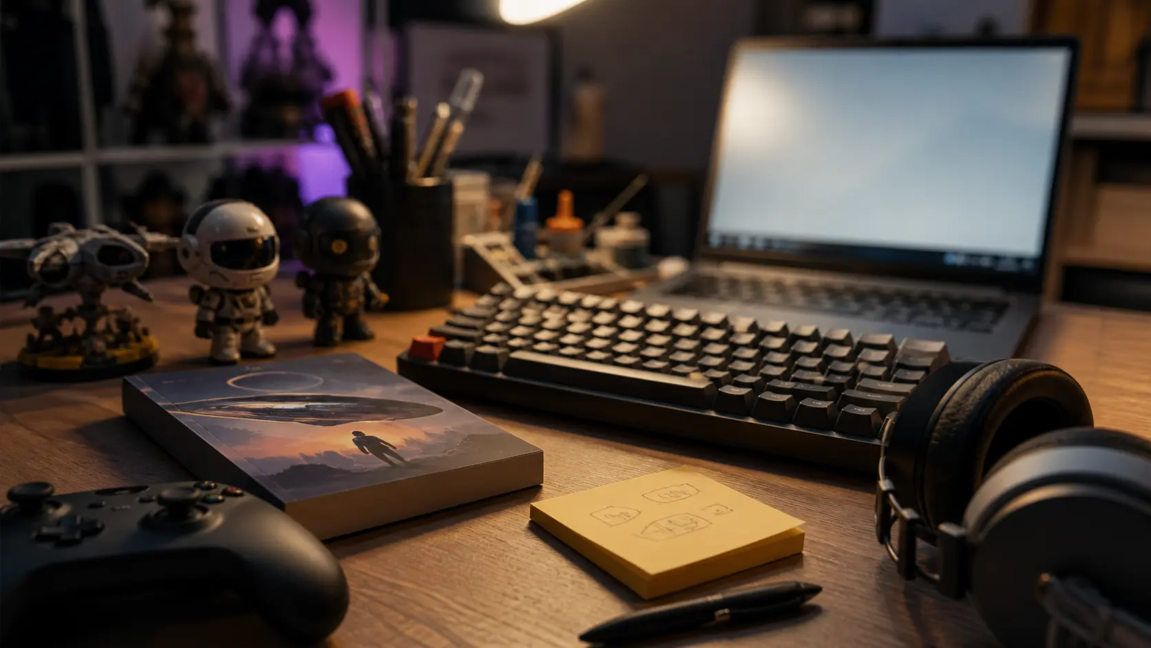 bureau avec clavier manette livres et objets de culture geek