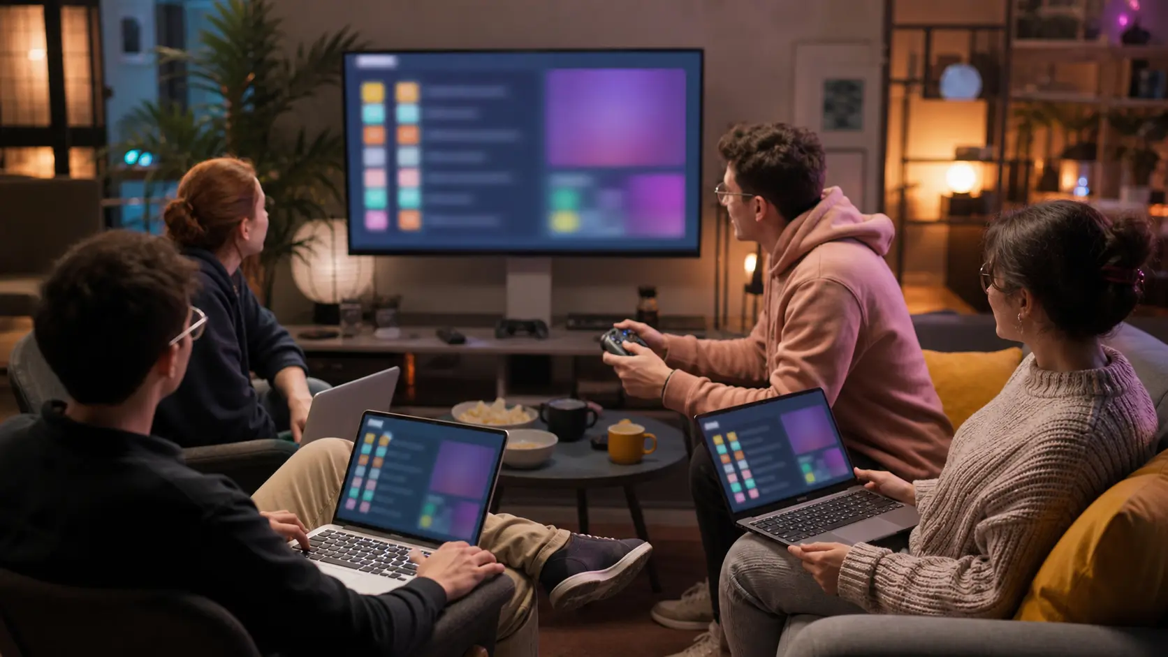 amis suivant un stream et discutant dans un salon connecté