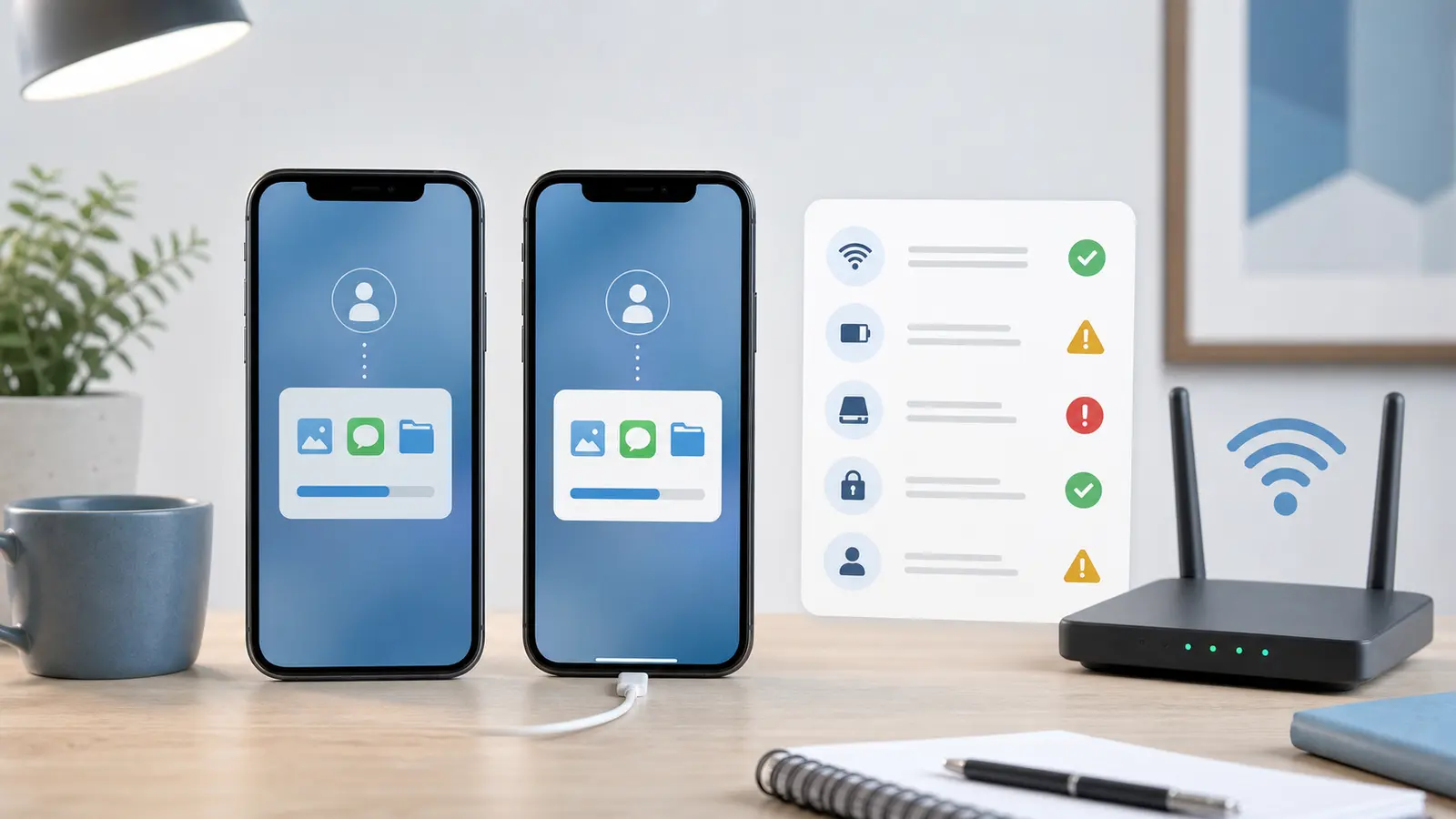 Deux iPhone et une checklist de dépannage pendant un transfert de données