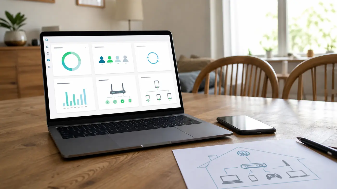 Routine trimestrielle de sécurité Wi-Fi avec tableau de bord domestique abstrait