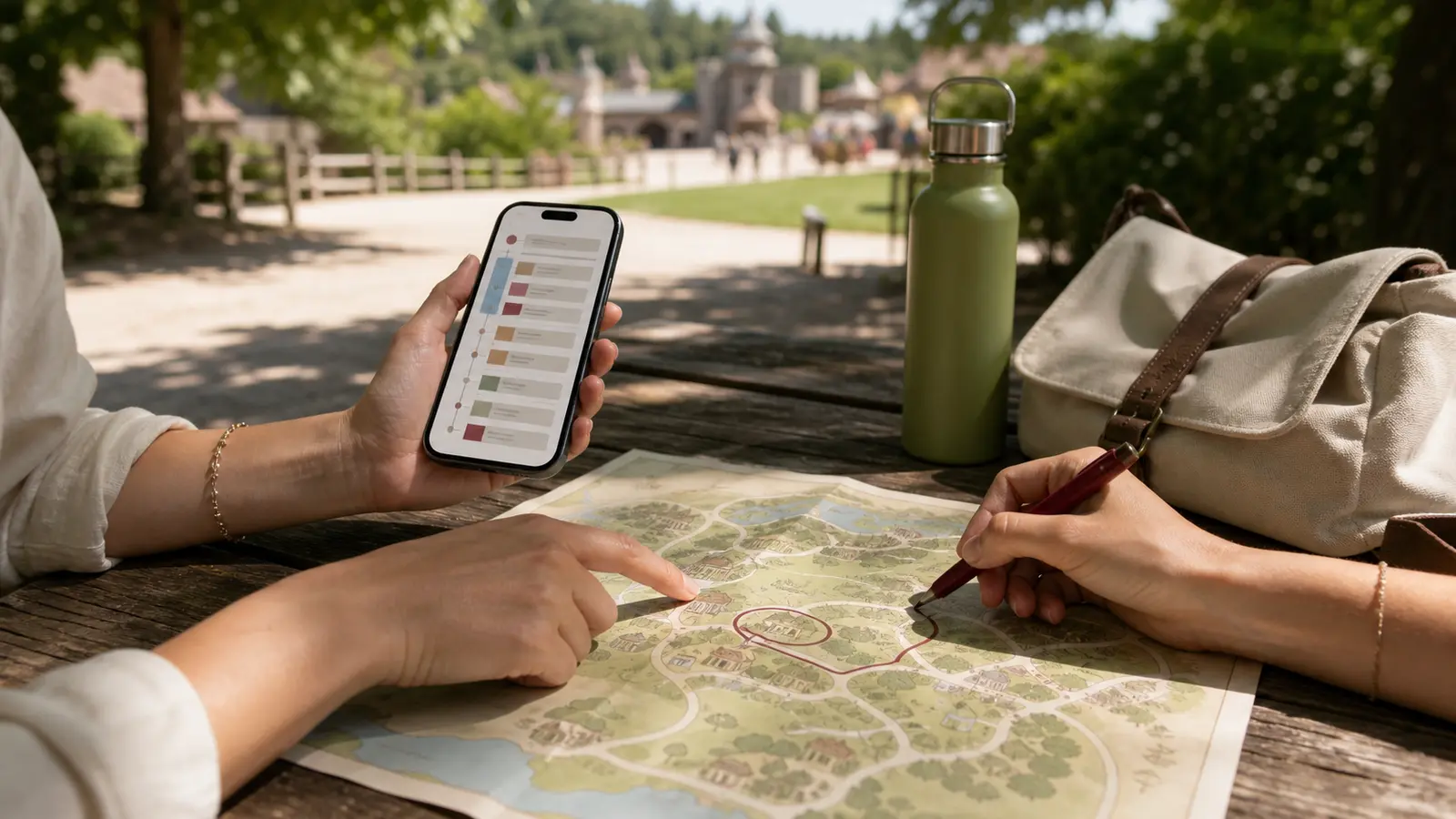 visiteurs planifiant leur journée avec une carte et un téléphone